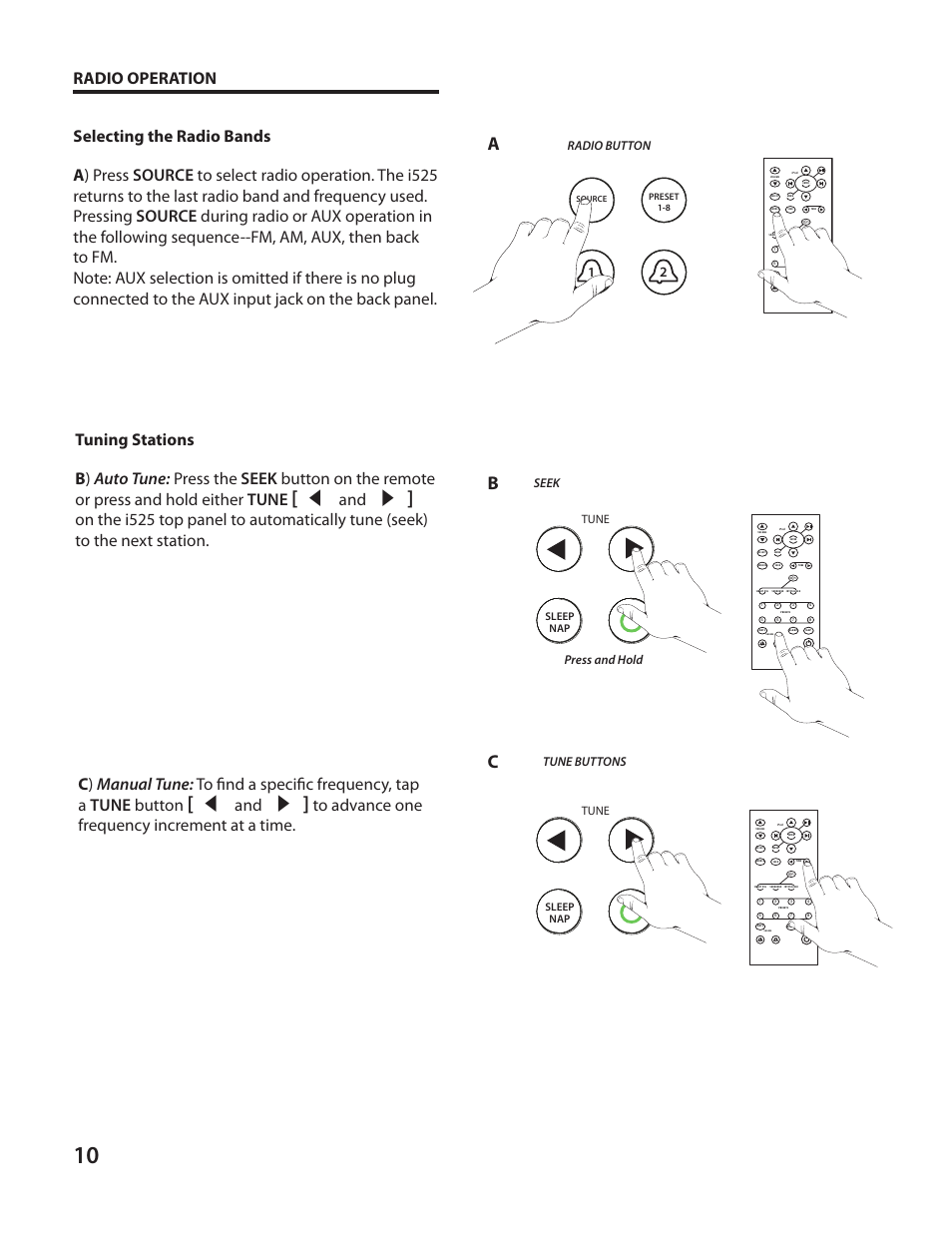 Snooze / mute, Radio operation, Tune | Radio button seek tune buttons, Tune press and hold | Cambridge SoundWorks I525 User Manual | Page 10 / 24