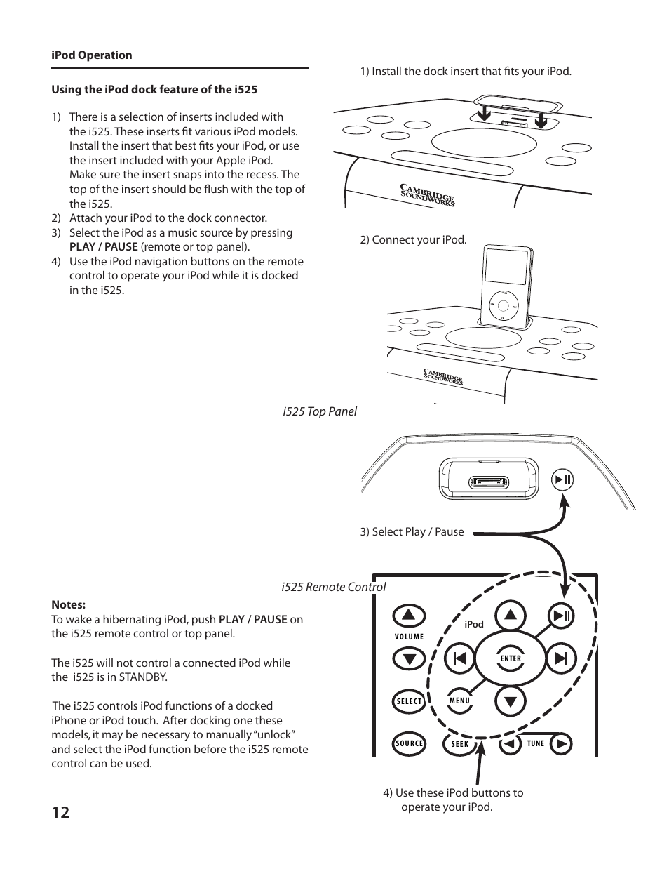 I525 remote control, I525 top panel | Cambridge SoundWorks I525 User Manual | Page 12 / 24