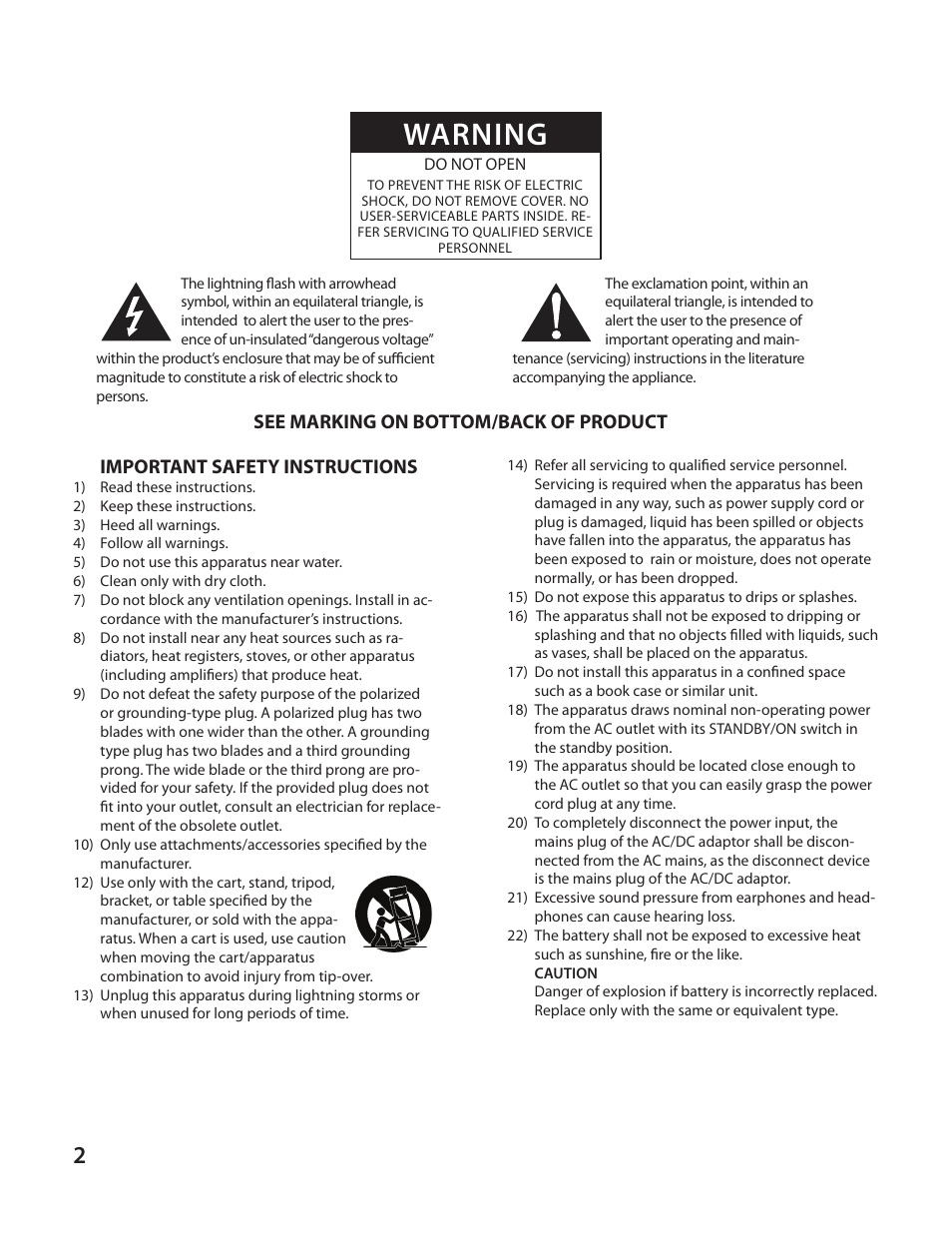 Warning, See marking on bottom/back of product, Important safety instructions | Cambridge SoundWorks I525 User Manual | Page 2 / 24