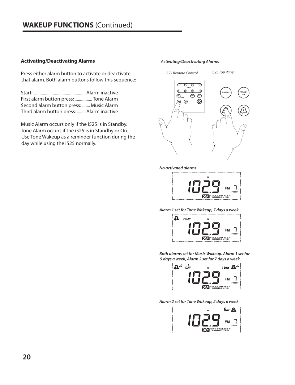 Wakeup functions (continued), Snooze / mute | Cambridge SoundWorks I525 User Manual | Page 20 / 24