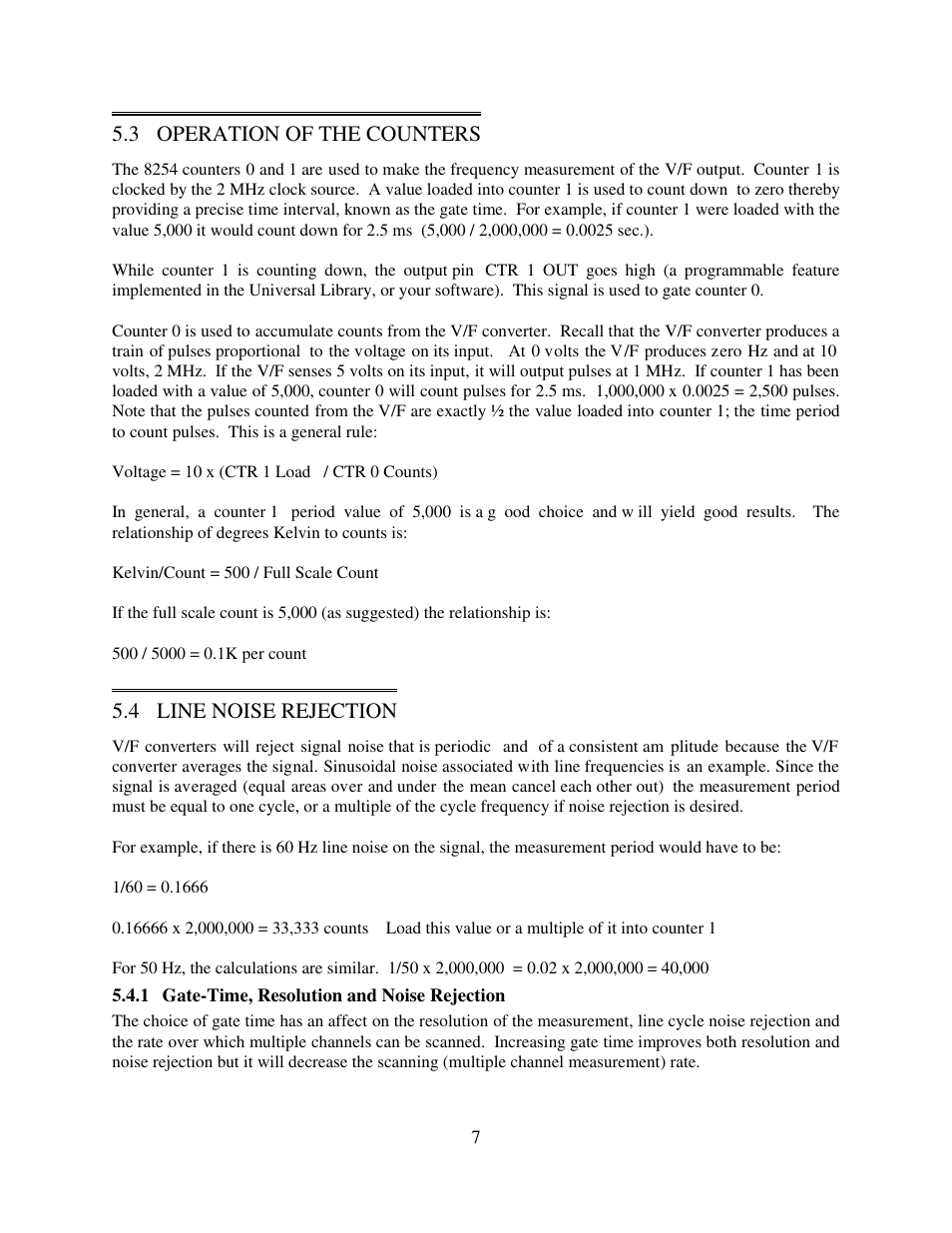 Operation of the counters, Line noise rejection, Gate-time, resolution and noise rejection | Measurement Computing CIO-DAS-TEMP User Manual | Page 11 / 20