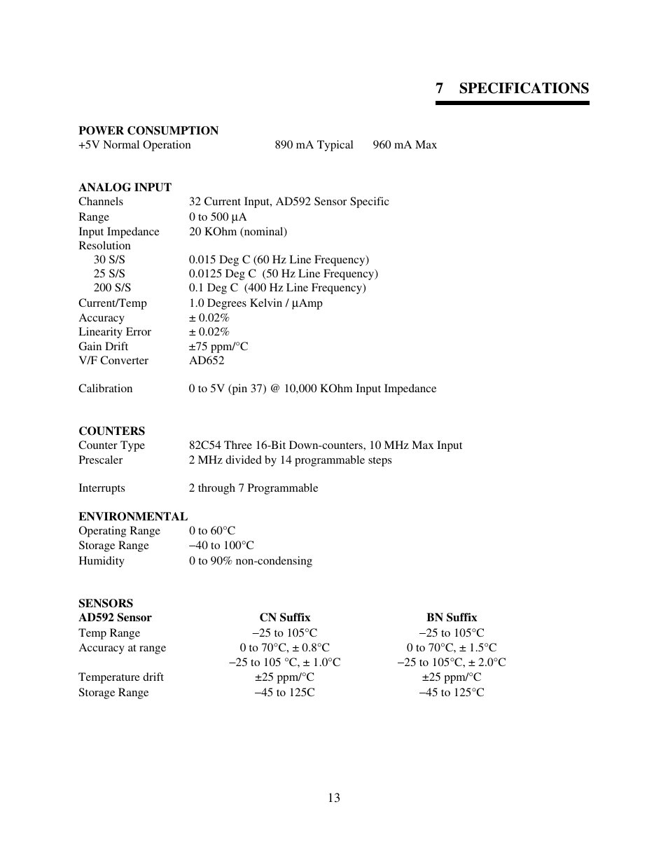 Specifications, Power consumption, Analog input | Counters, Environmental, Sensors, 7 specifications | Measurement Computing CIO-DAS-TEMP User Manual | Page 17 / 20