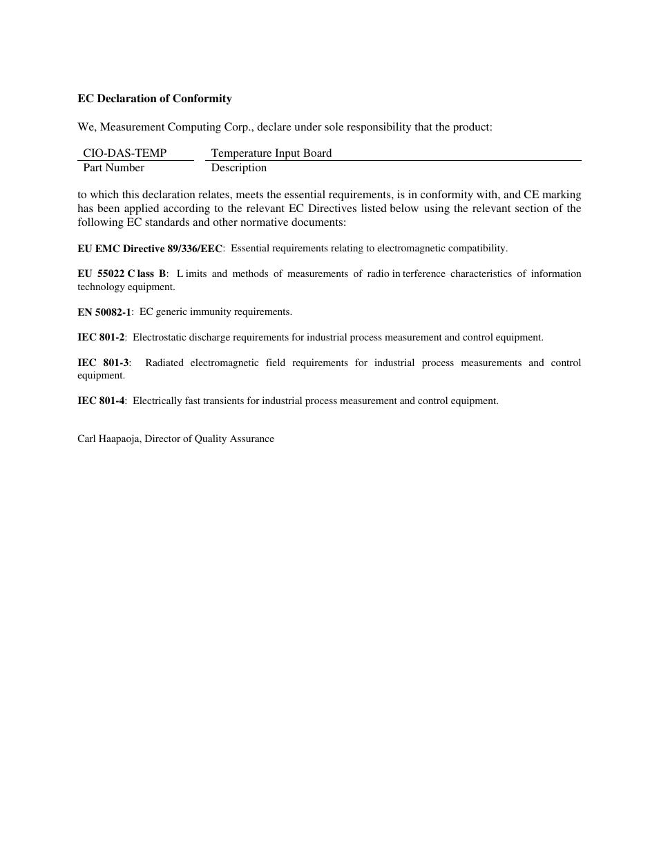 Ec declaration of conformity | Measurement Computing CIO-DAS-TEMP User Manual | Page 19 / 20