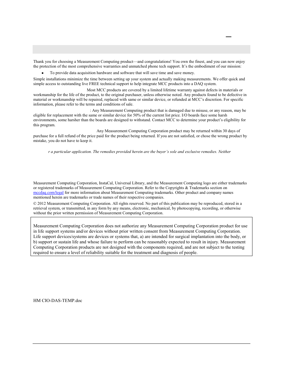 Management committed to your satisfaction | Measurement Computing CIO-DAS-TEMP User Manual | Page 2 / 20