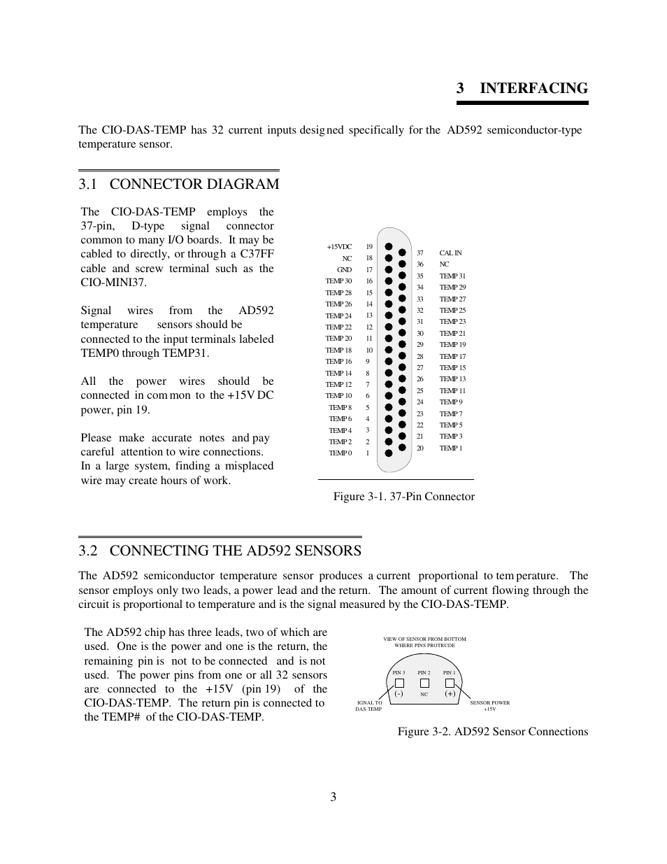 Interfacing, Connector diagram, Connecting the ad592 sensors | 3 interfacing, 1 connector diagram, 2 connecting the ad592 sensors | Measurement Computing CIO-DAS-TEMP User Manual | Page 7 / 20