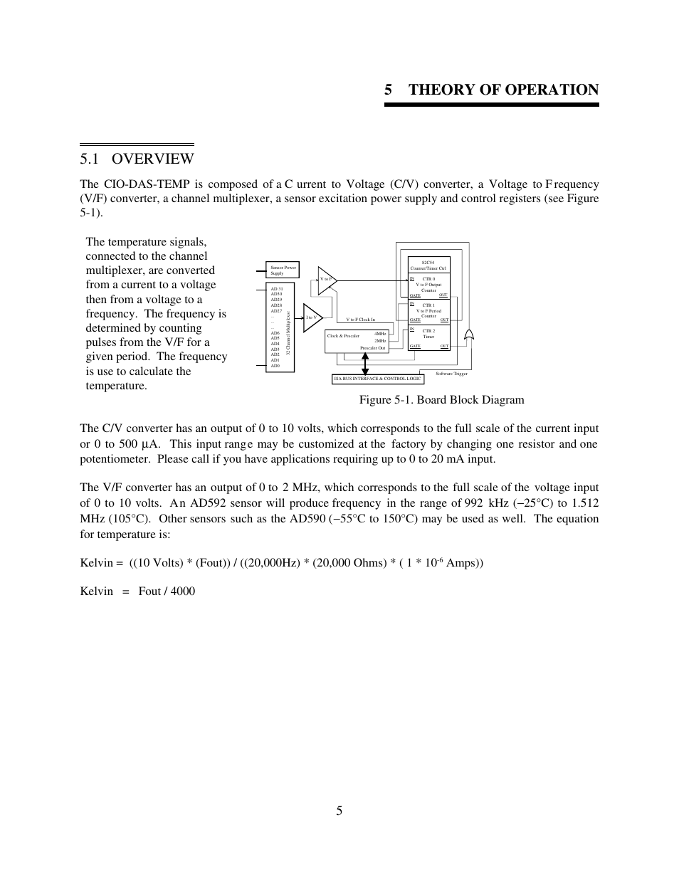 Theory of operation, Overview, 5 theory of operation 5.1 overview | Amps)) kelvin = fout / 4000 | Measurement Computing CIO-DAS-TEMP User Manual | Page 9 / 20