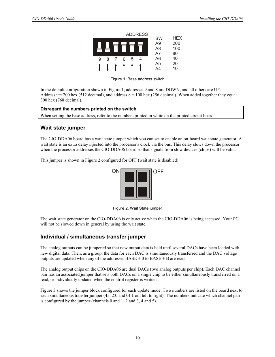 Wait state jumper, Individual / simultaneous transfer jumper | Measurement Computing CIO-DDA06 User Manual | Page 10 / 21