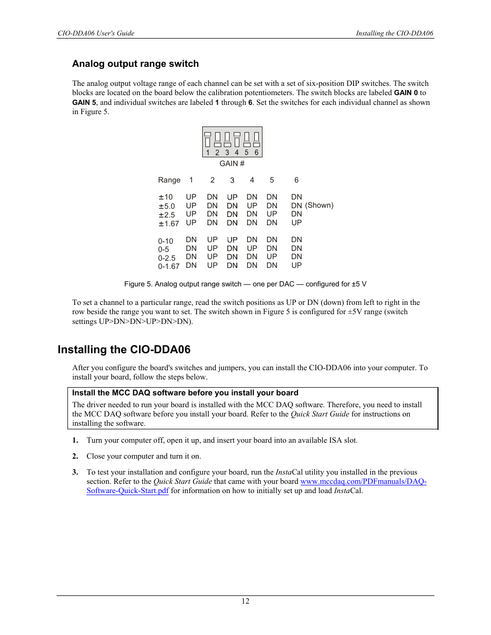 Analog output range switch, Installing the cio-dda06 | Measurement Computing CIO-DDA06 User Manual | Page 12 / 21