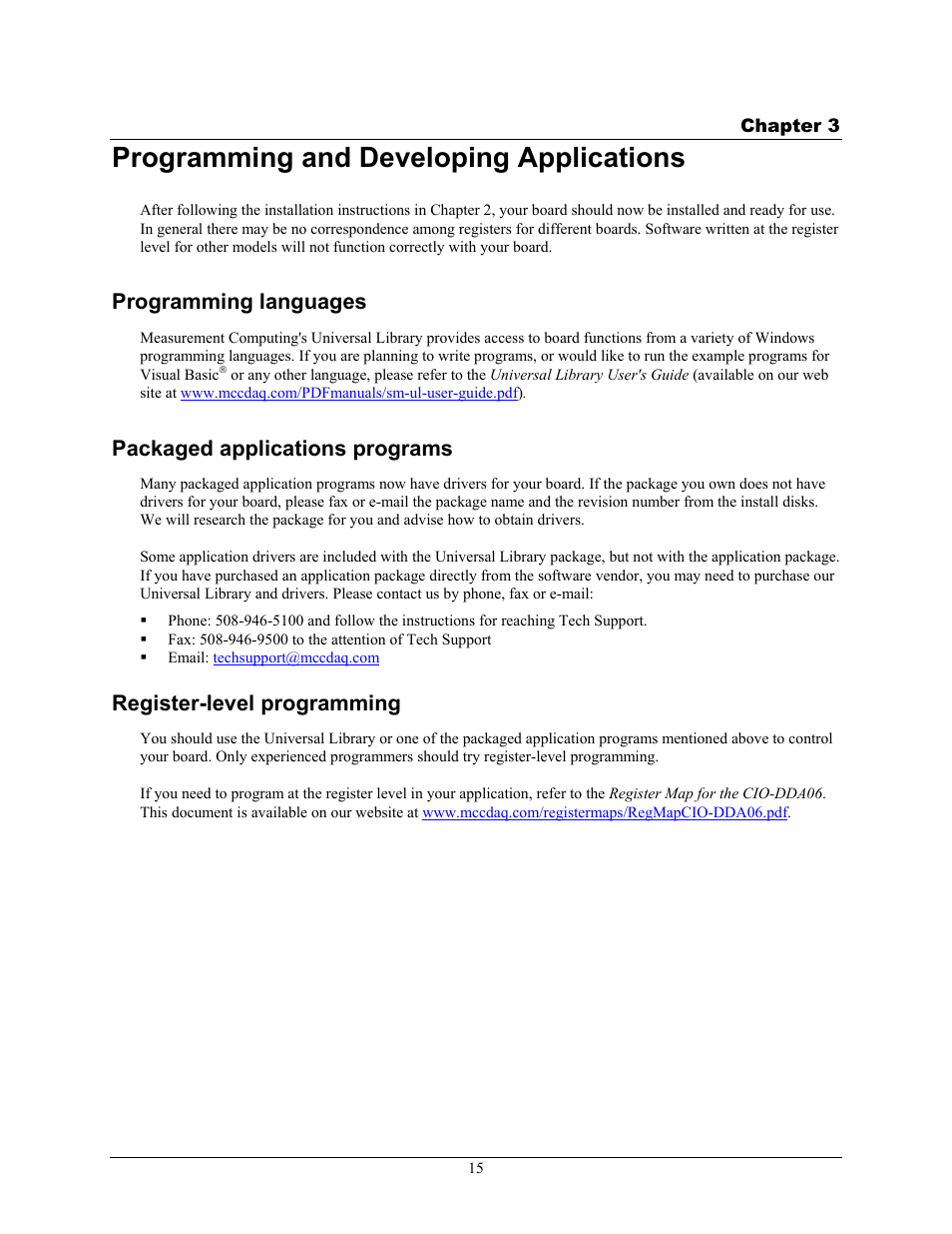 Programming and developing applications, Programming languages, Packaged applications programs | Register-level programming | Measurement Computing CIO-DDA06 User Manual | Page 15 / 21