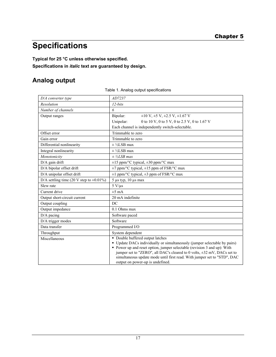 Specifications, Analog output, Chapter 5 | Measurement Computing CIO-DDA06 User Manual | Page 17 / 21