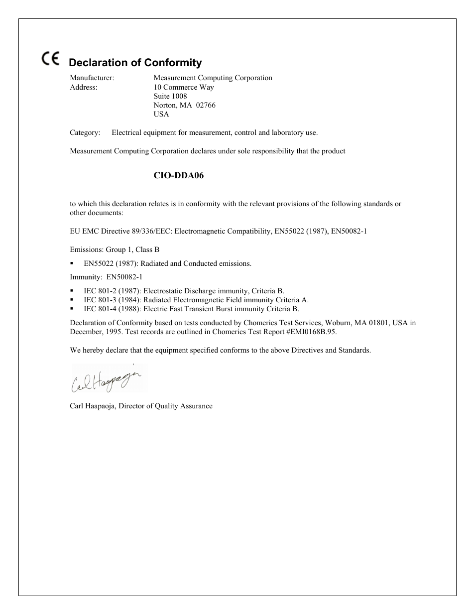 Declaration of conformity | Measurement Computing CIO-DDA06 User Manual | Page 20 / 21