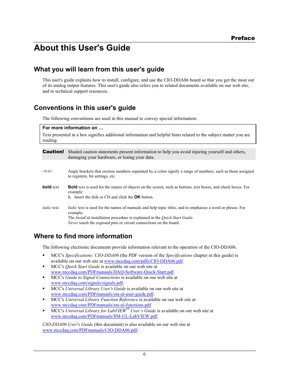 About this user's guide, What you will learn from this user's guide, Conventions in this user's guide | Where to find more information | Measurement Computing CIO-DDA06 User Manual | Page 6 / 21