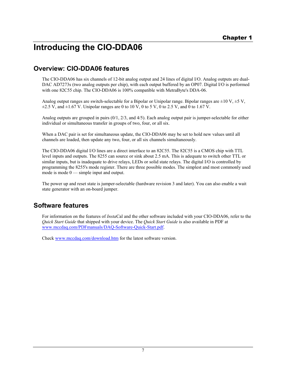 Introducing the cio-dda06, Overview: cio-dda06 features, Software features | Measurement Computing CIO-DDA06 User Manual | Page 7 / 21