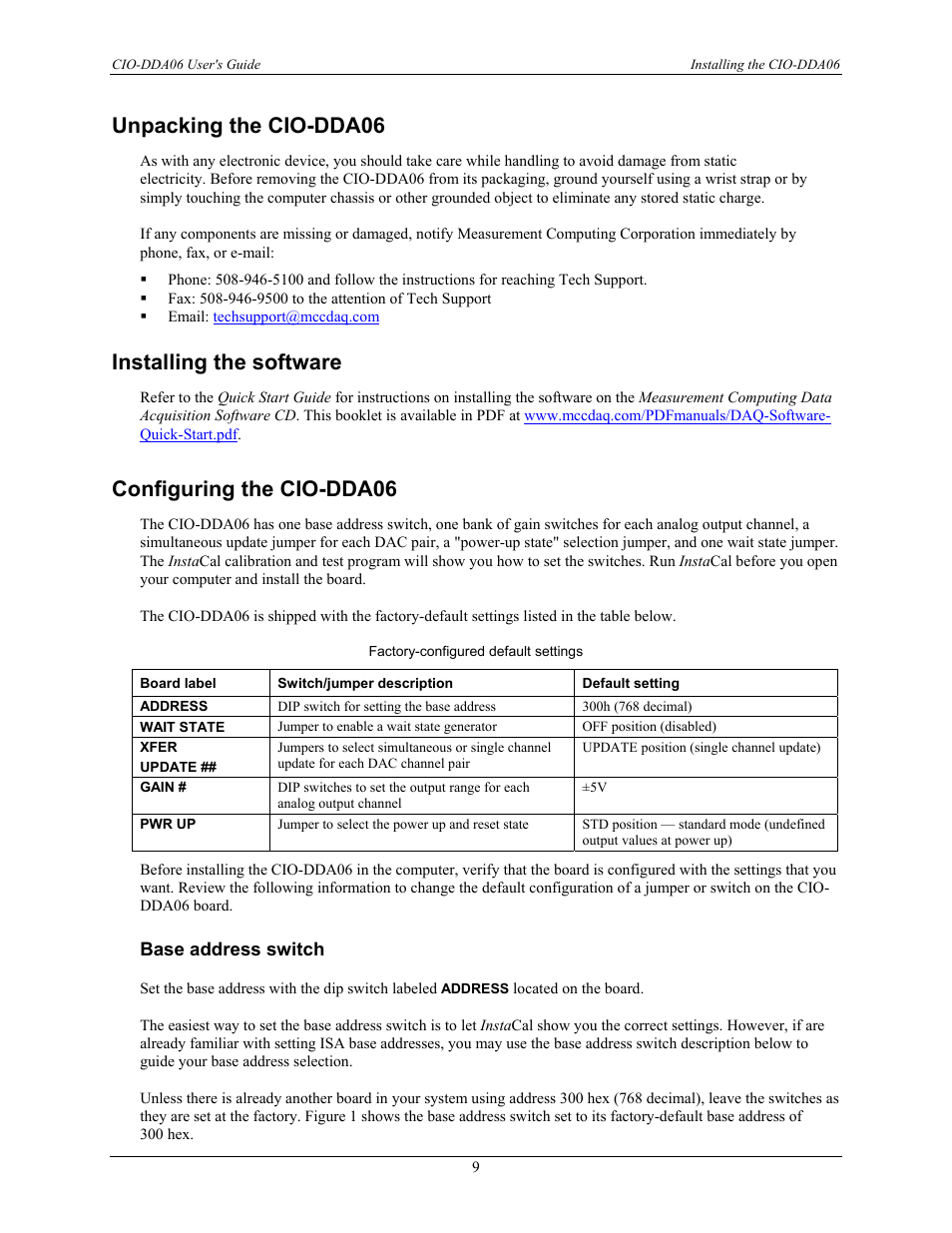 Unpacking the cio-dda06, Installing the software, Configuring the cio-dda06 | Base address switch | Measurement Computing CIO-DDA06 User Manual | Page 9 / 21