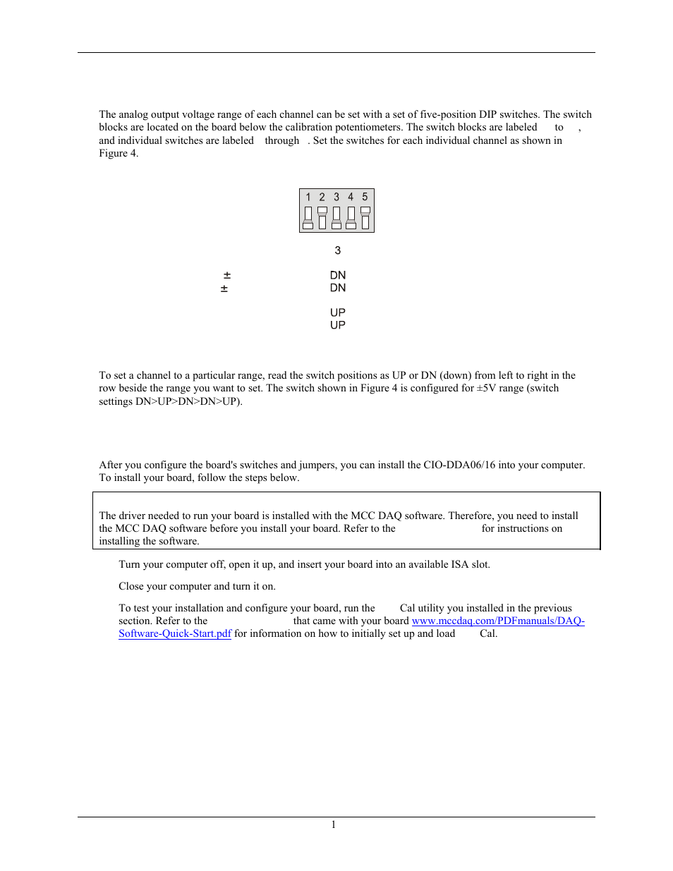 Analog output range switch, Installing the cio-dda06/16 | Measurement Computing CIO-DDA06/16 User Manual | Page 11 / 18