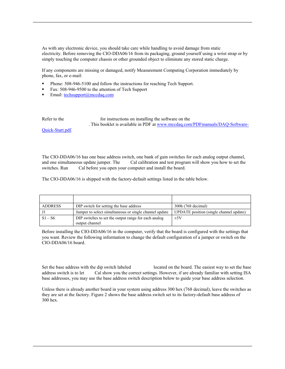 Unpacking the cio-dda06/16, Installing the software, Configuring the cio-dda06/16 | Base address switch | Measurement Computing CIO-DDA06/16 User Manual | Page 9 / 18