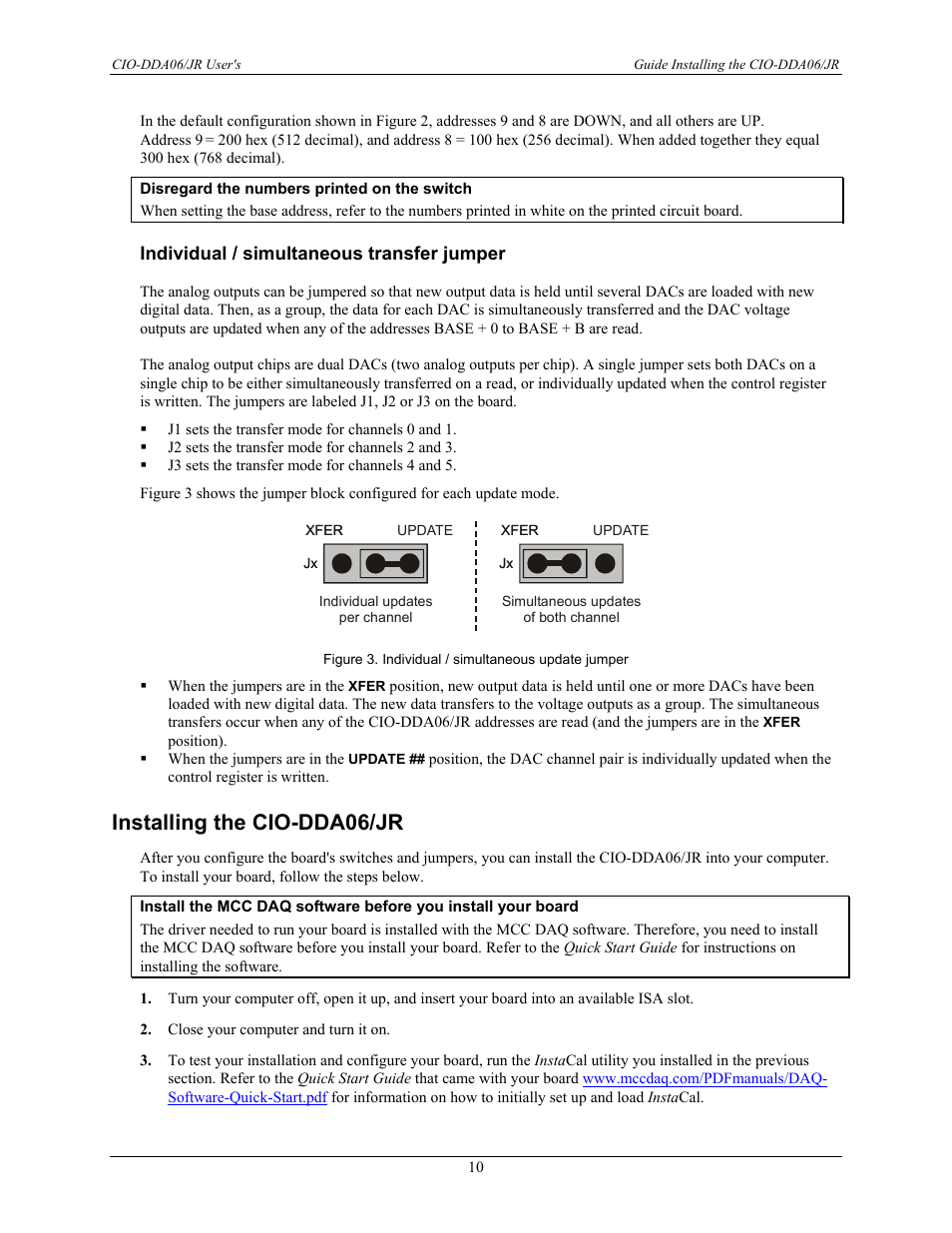 Individual / simultaneous transfer jumper, Installing the cio-dda06/jr | Measurement Computing CIO-DDA06/JR User Manual | Page 10 / 17