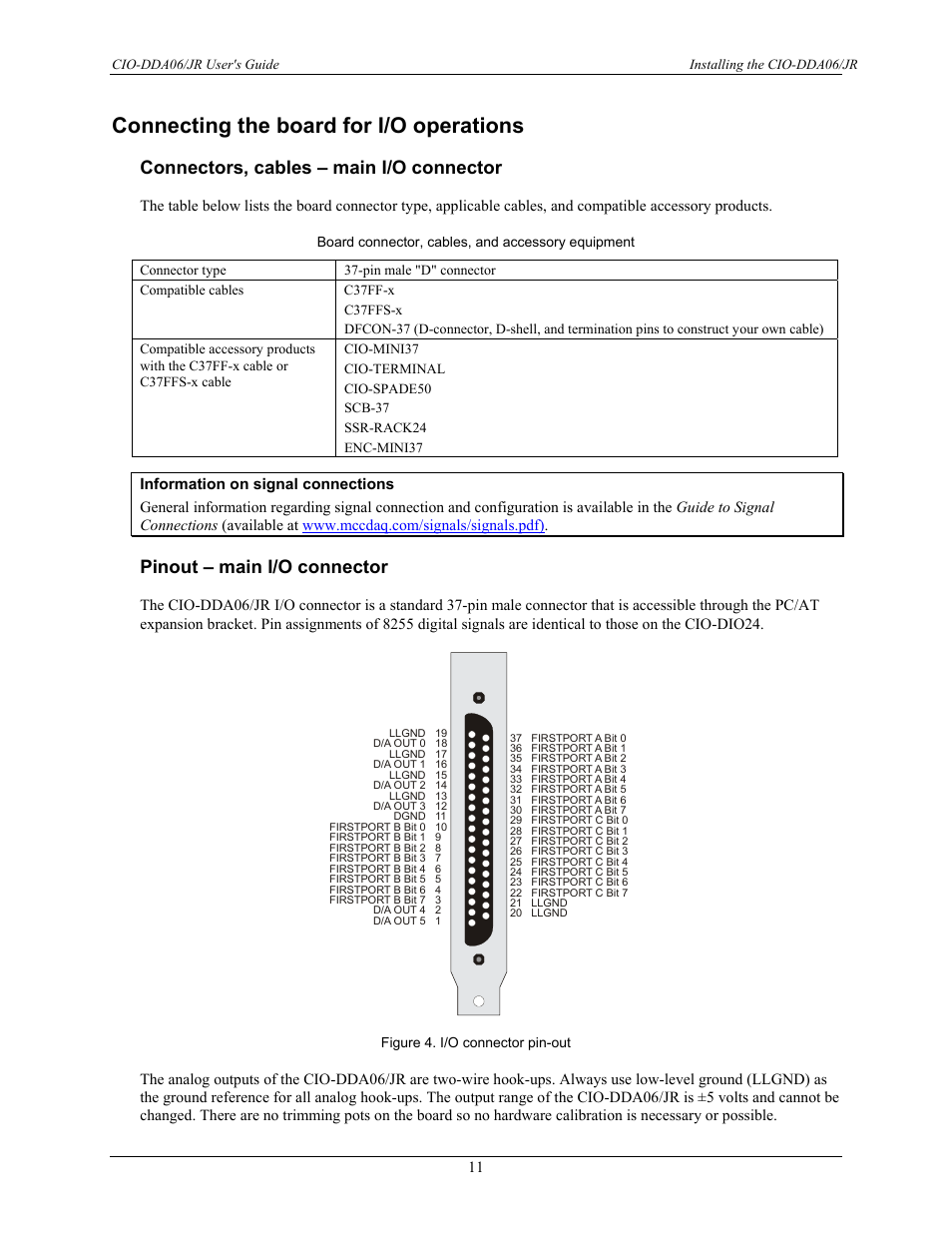 Connecting the board for i/o operations, Connectors, cables – main i/o connector, Pinout – main i/o connector | Measurement Computing CIO-DDA06/JR User Manual | Page 11 / 17