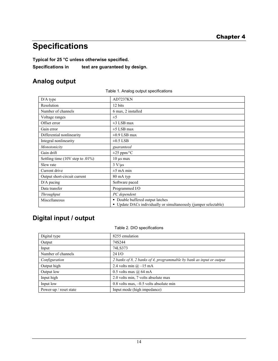 Specifications, Analog output, Digital input / output | Chapter 4 | Measurement Computing CIO-DDA06/JR User Manual | Page 14 / 17