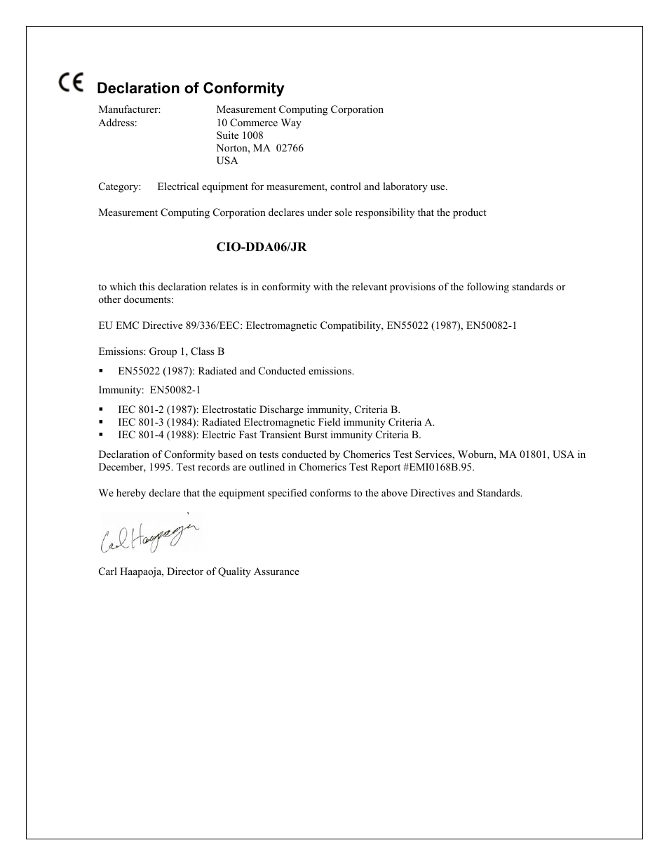 Declaration of conformity | Measurement Computing CIO-DDA06/JR User Manual | Page 16 / 17