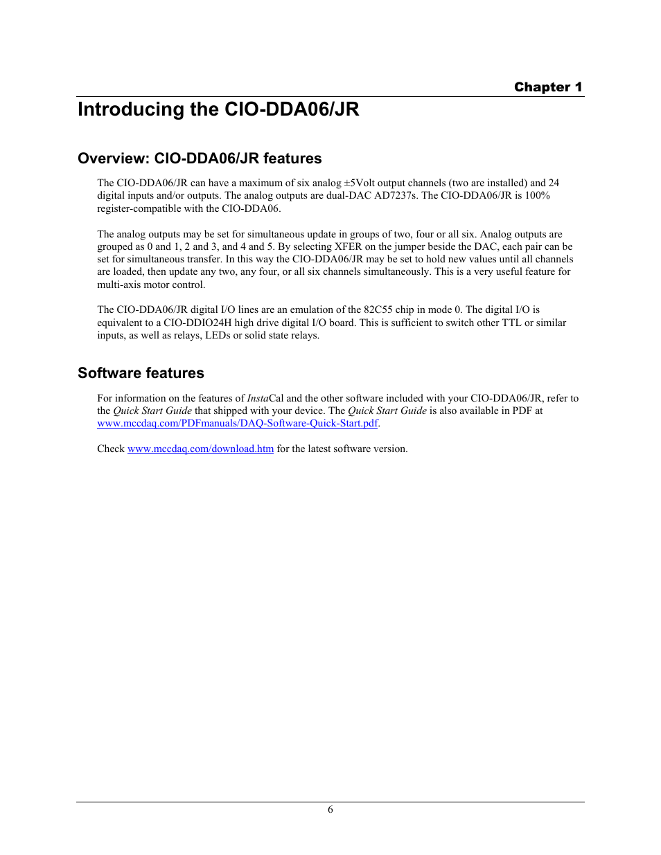 Introducing the cio-dda06/jr, Overview: cio-dda06/jr features, Software features | Measurement Computing CIO-DDA06/JR User Manual | Page 6 / 17