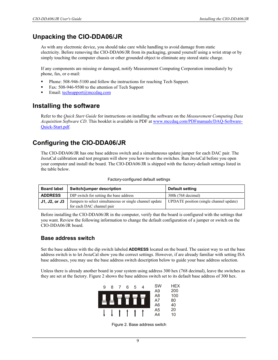 Unpacking the cio-dda06/jr, Installing the software, Configuring the cio-dda06/jr | Base address switch | Measurement Computing CIO-DDA06/JR User Manual | Page 9 / 17