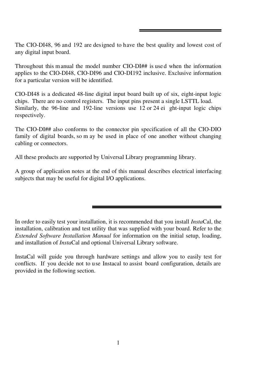 0 introduction, 0 software installation | Measurement Computing CIO-DI48 User Manual | Page 5 / 24