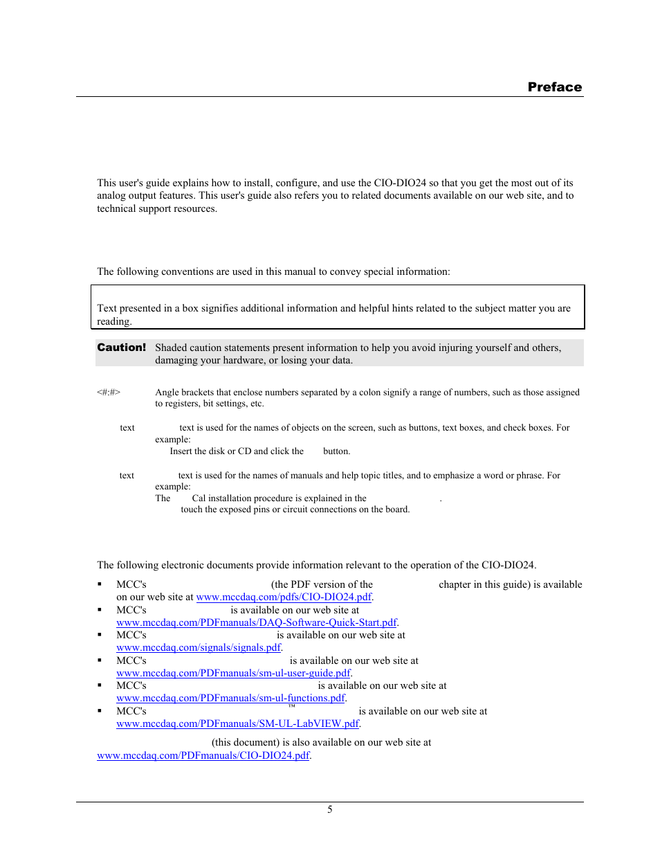 About this user's guide, What you will learn from this user's guide, Conventions in this user's guide | Where to find more information | Measurement Computing CIO-DIO24 User Manual | Page 5 / 20