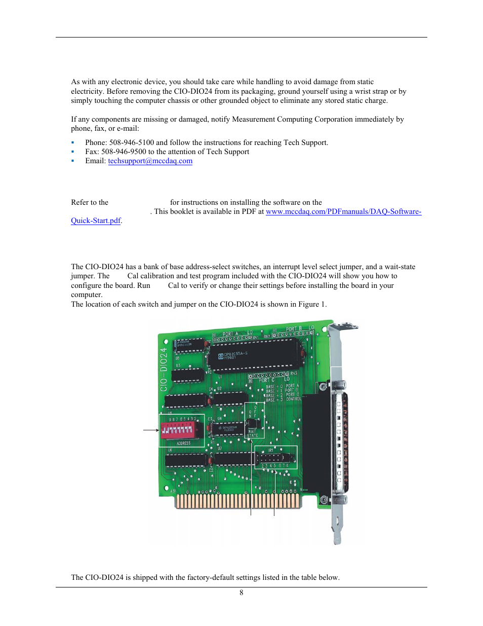 Unpacking the cio-dio24, Installing the software, Configuring the cio-dio24 | Measurement Computing CIO-DIO24 User Manual | Page 8 / 20