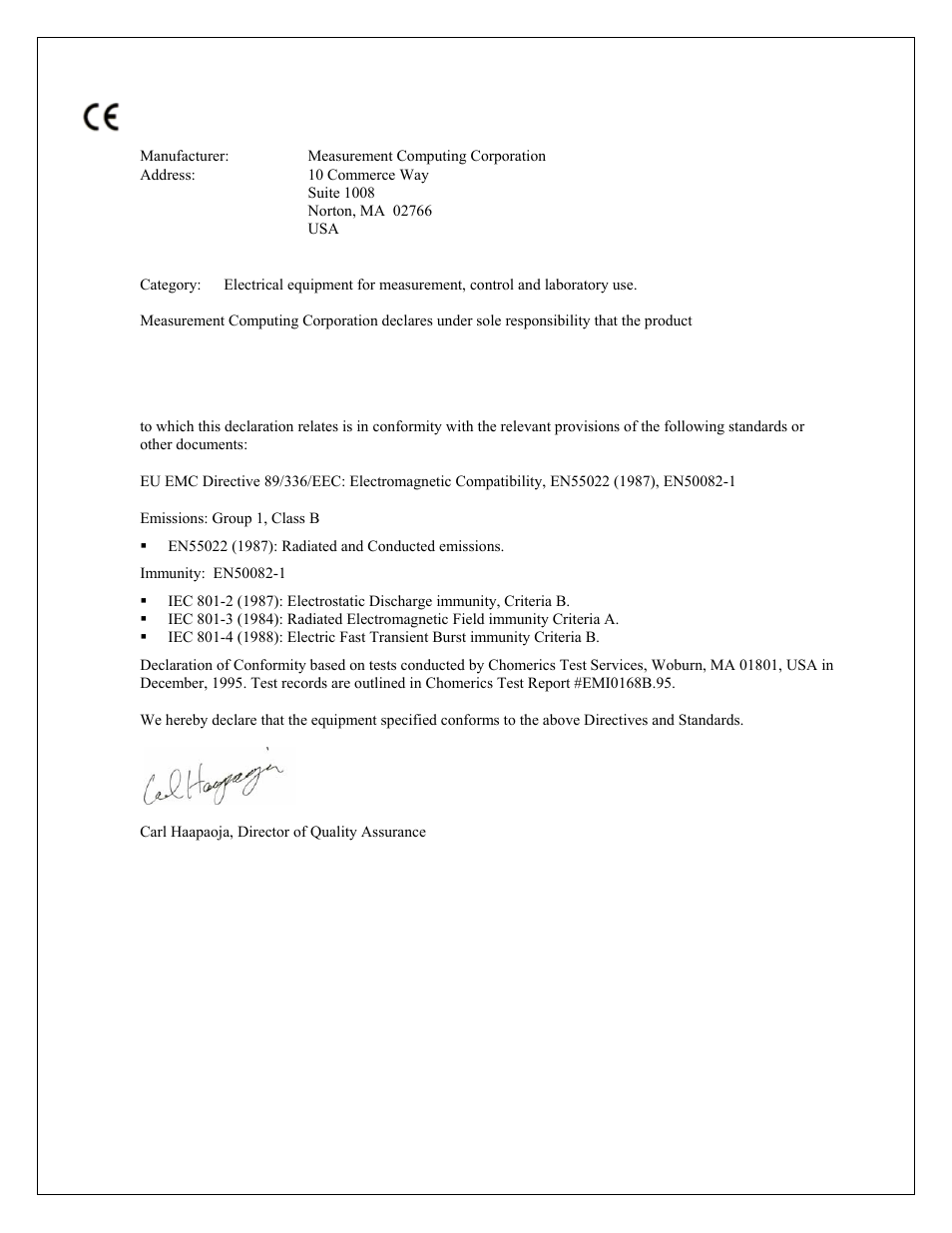 Declaration of conformity | Measurement Computing CIO-DIO24/CTR3 User Manual | Page 20 / 21