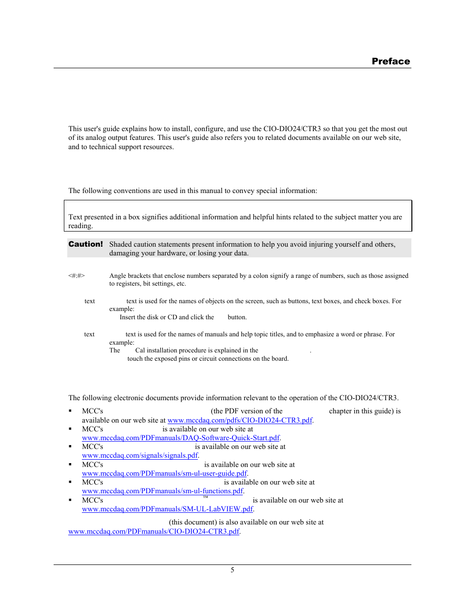About this user's guide, What you will learn from this user's guide, Conventions in this user's guide | Where to find more information | Measurement Computing CIO-DIO24/CTR3 User Manual | Page 5 / 21
