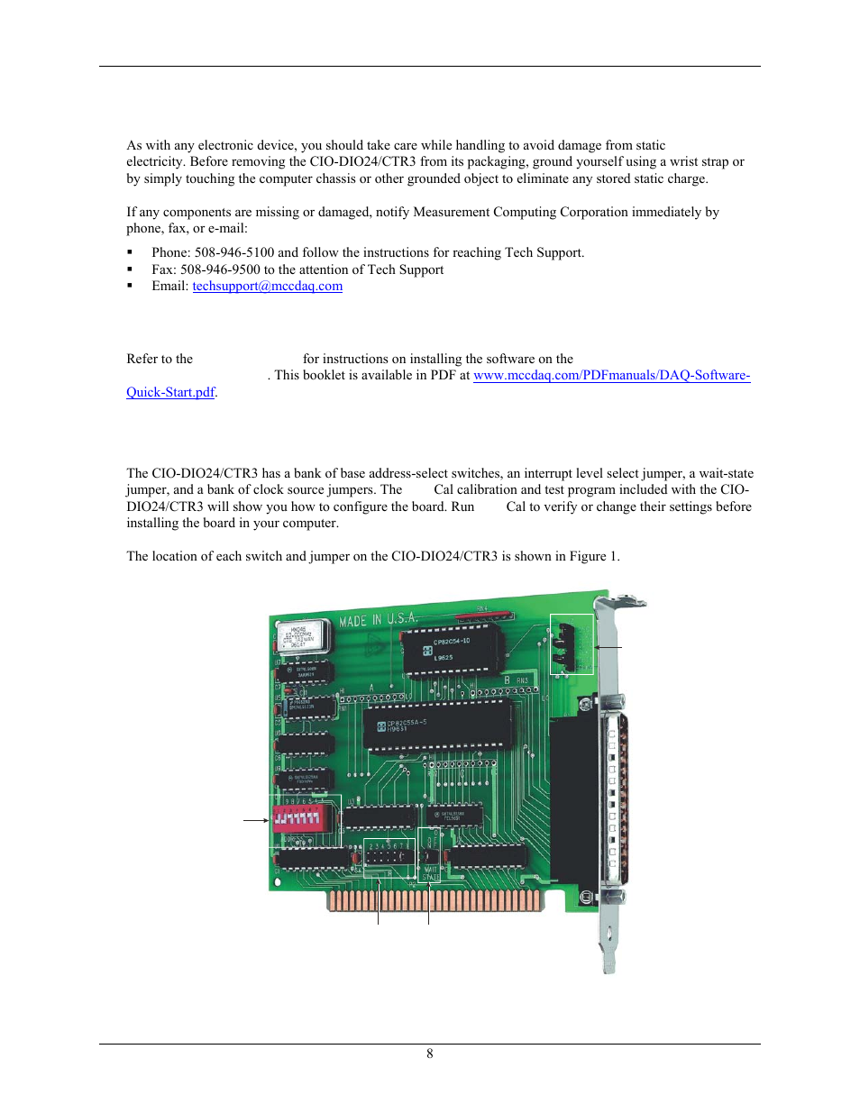 Unpacking the cio-dio24/ctr3, Installing the software, Configuring the cio-dio24/ctr3 | Measurement Computing CIO-DIO24/CTR3 User Manual | Page 8 / 21