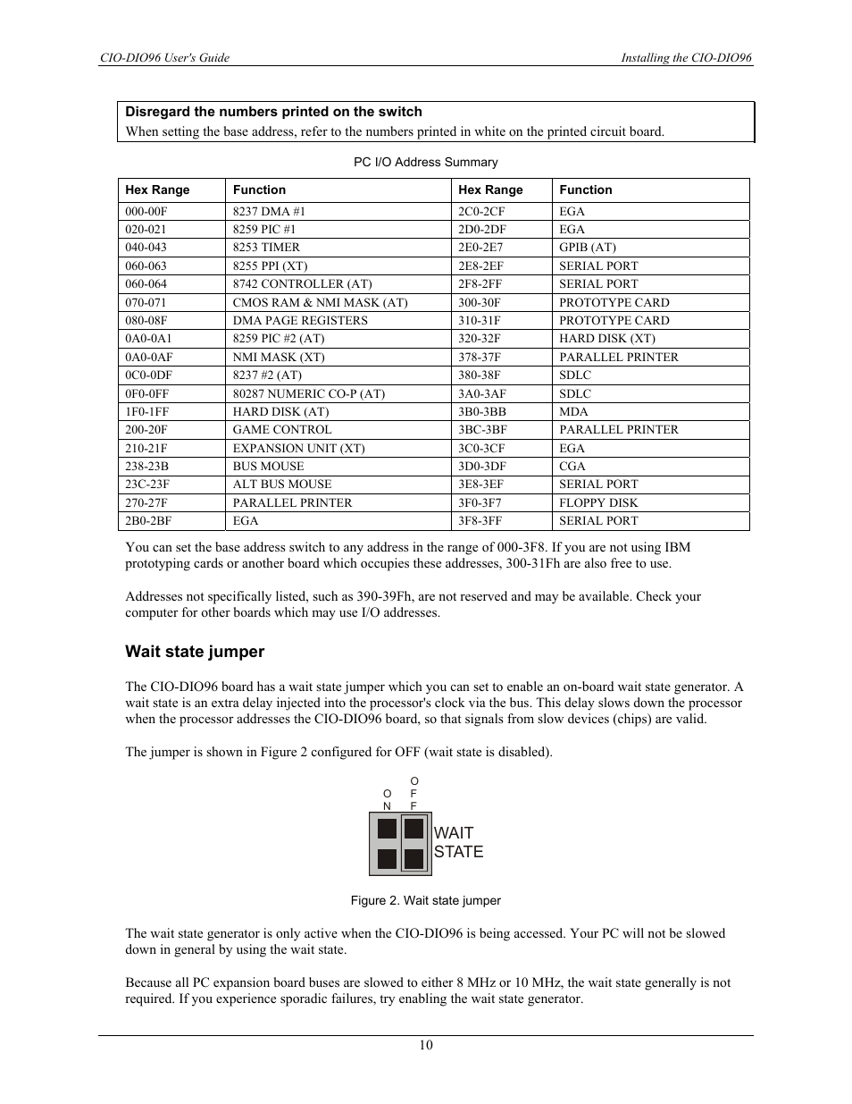 Wait state jumper, Wait state | Measurement Computing CIO-DIO96 User Manual | Page 10 / 20