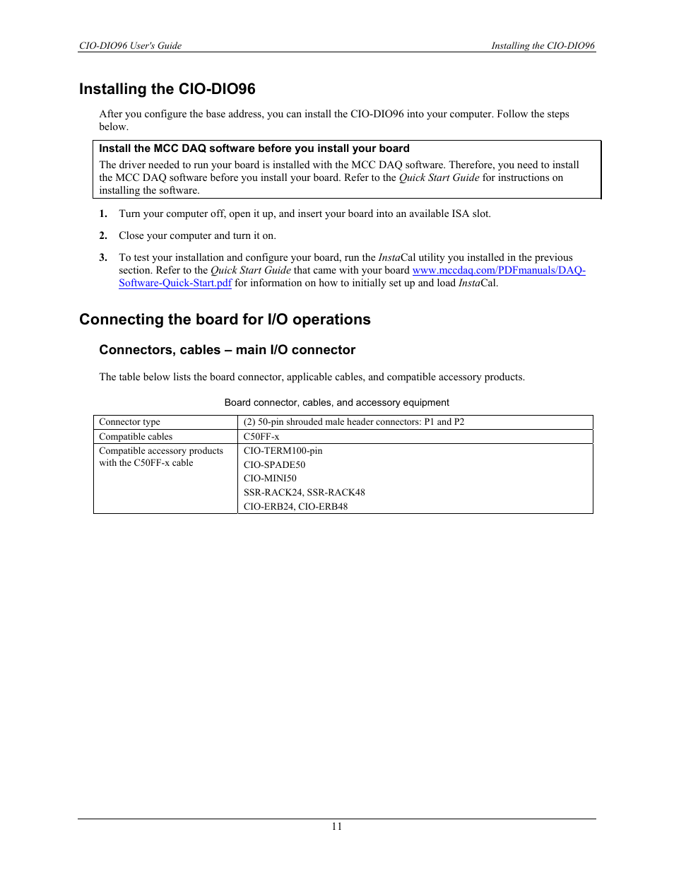 Installing the cio-dio96, Connecting the board for i/o operations, Connectors, cables – main i/o connector | Measurement Computing CIO-DIO96 User Manual | Page 11 / 20
