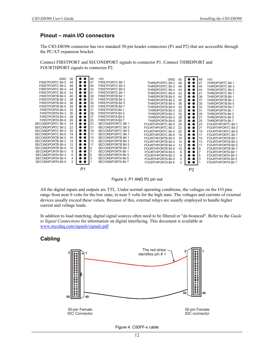 Pinout – main i/o connectors, Cabling, Cio-dio96 user's guide installing the cio-dio96 | Figure 3. p1 and p2 pin out, Figure 4. c50ff-x cable | Measurement Computing CIO-DIO96 User Manual | Page 12 / 20
