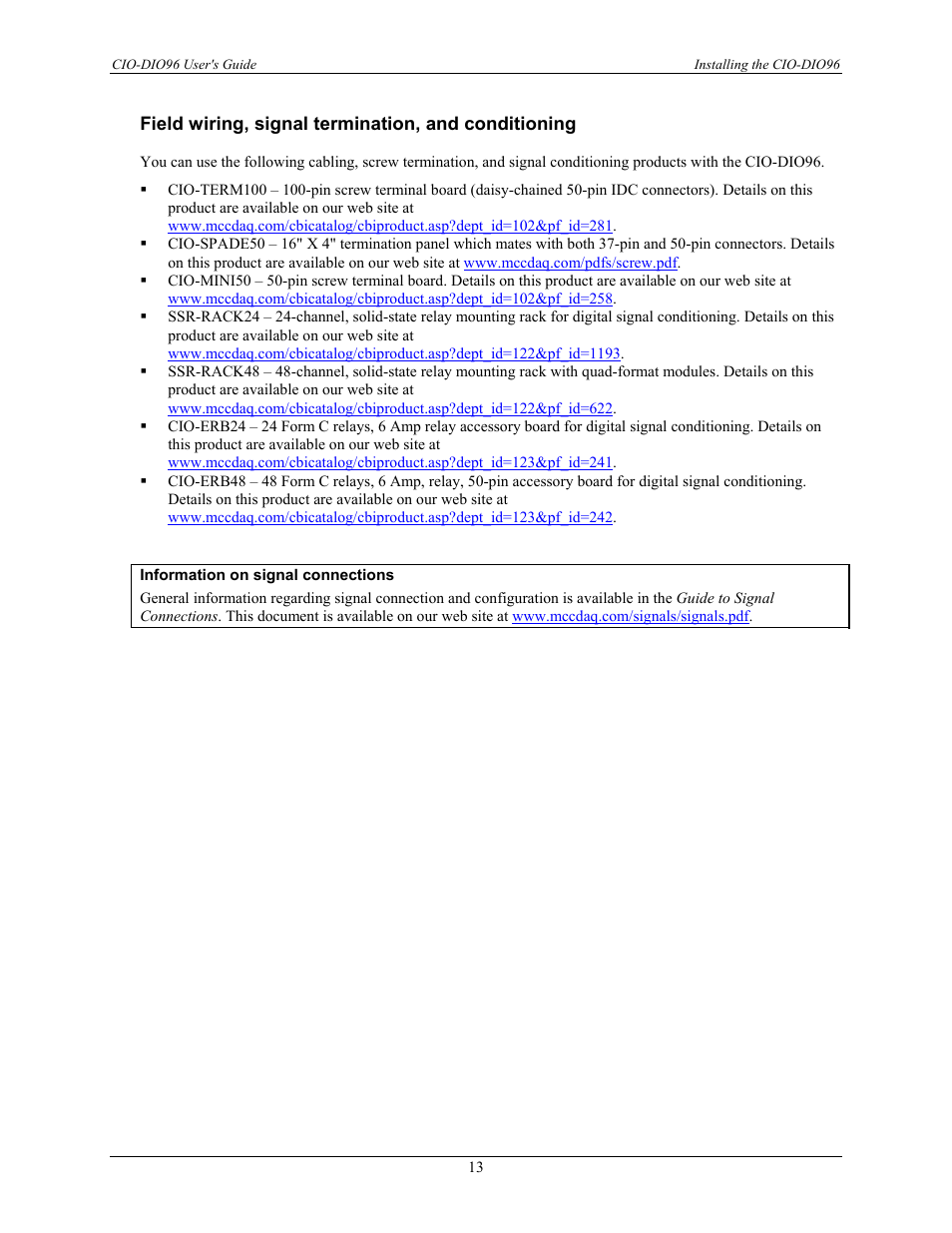 Field wiring, signal termination, and conditioning, Field, Wiring, signal termination, and conditioning | Measurement Computing CIO-DIO96 User Manual | Page 13 / 20