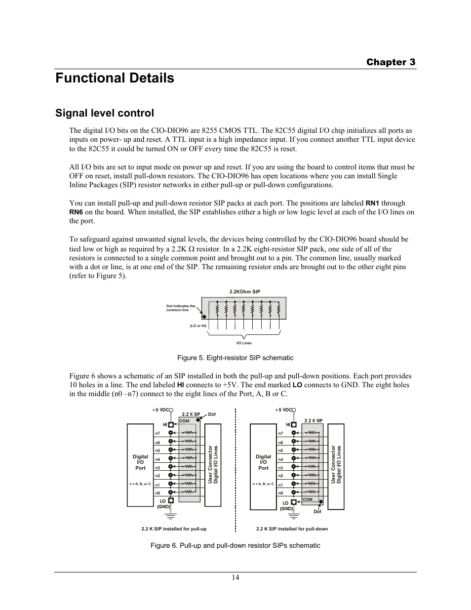 Functional details, Signal level control, Chapter 3 | Through, Figure 6, Connects to +5v. the end marked | Measurement Computing CIO-DIO96 User Manual | Page 14 / 20