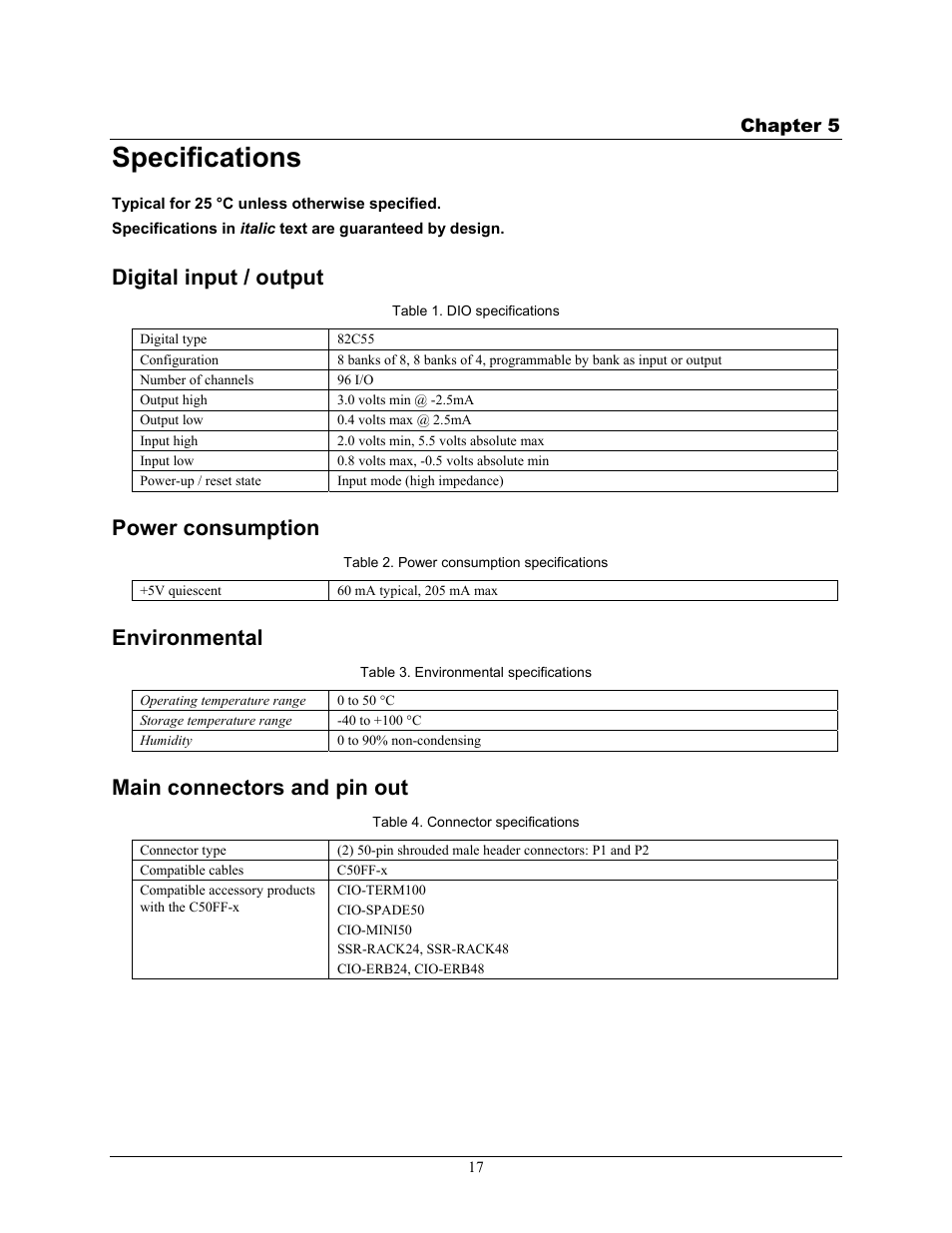 Specifications, Digital input / output, Power consumption | Environmental, Main connectors and pin out | Measurement Computing CIO-DIO96 User Manual | Page 17 / 20