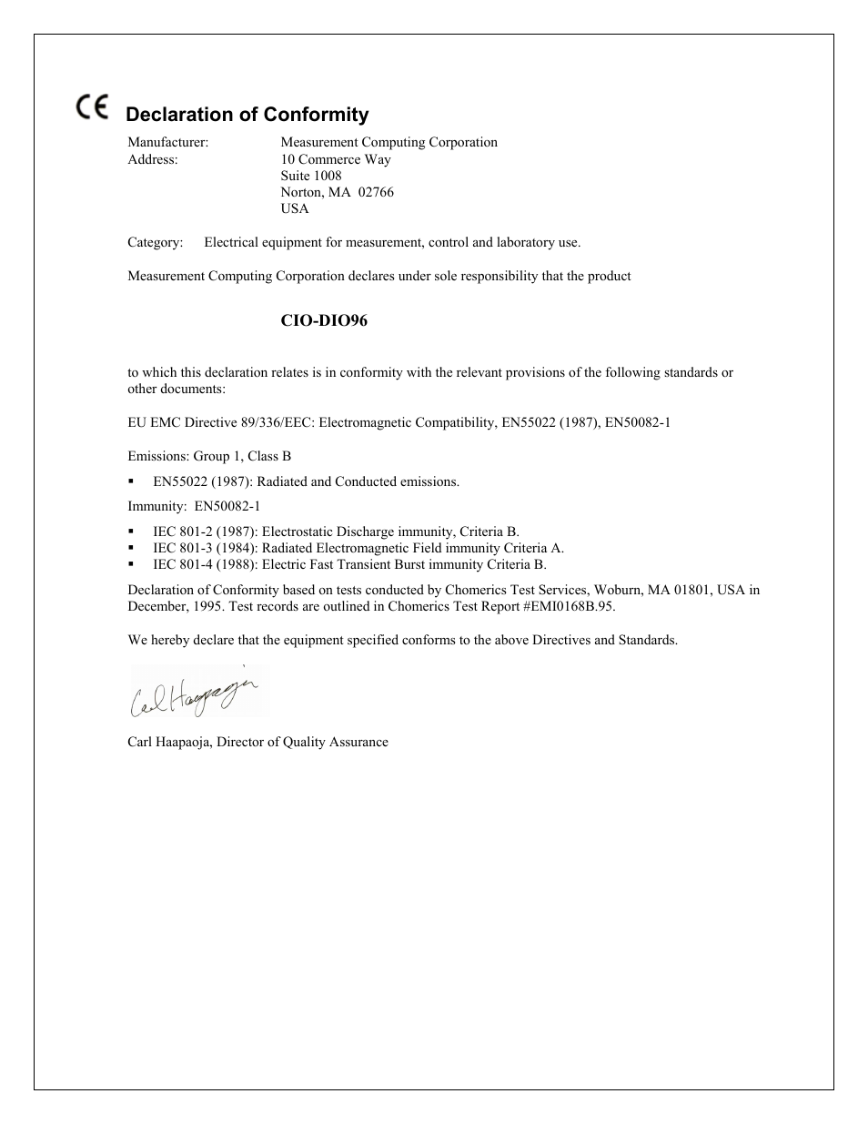 Declaration of conformity | Measurement Computing CIO-DIO96 User Manual | Page 19 / 20