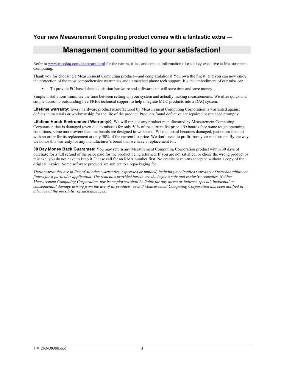 Management committed to your satisfaction | Measurement Computing CIO-DIO96 User Manual | Page 3 / 20
