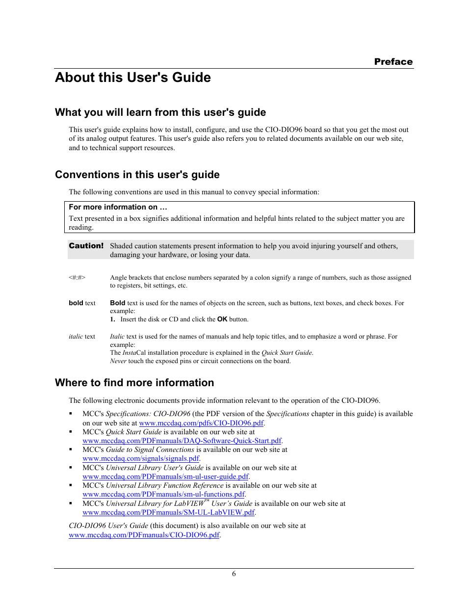 About this user's guide, What you will learn from this user's guide, Conventions in this user's guide | Where to find more information | Measurement Computing CIO-DIO96 User Manual | Page 6 / 20