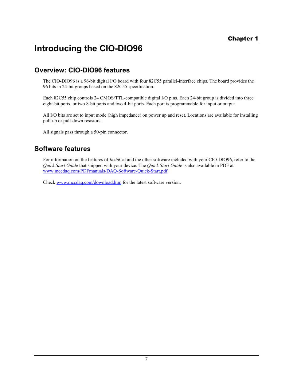 Introducing the cio-dio96, Overview: cio-dio96 features, Software features | Measurement Computing CIO-DIO96 User Manual | Page 7 / 20