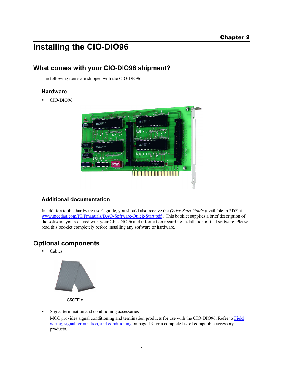 Installing the cio-dio96, What comes with your cio-dio96 shipment, Hardware | Additional documentation, Optional components | Measurement Computing CIO-DIO96 User Manual | Page 8 / 20
