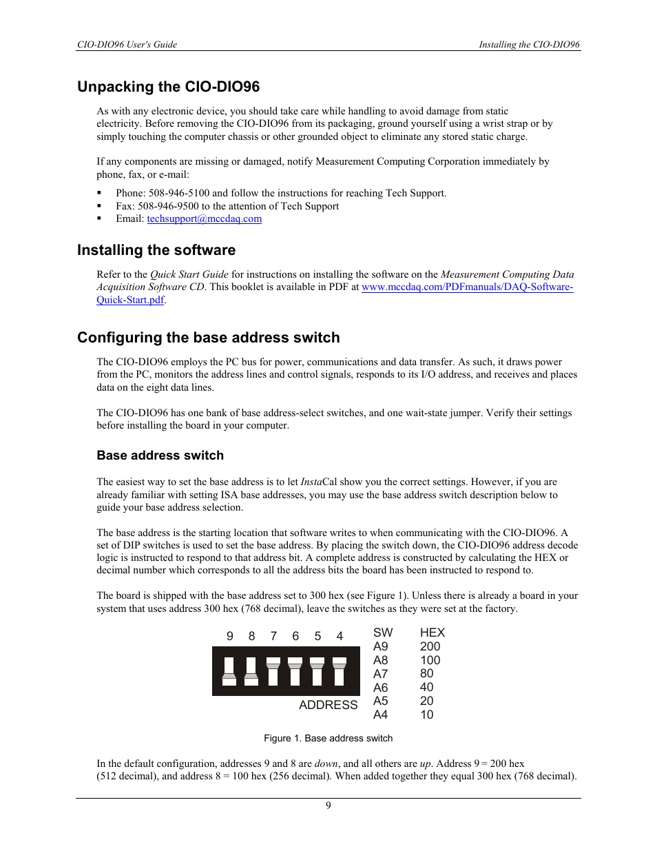 Unpacking the cio-dio96, Installing the software, Configuring the base address switch | Base address switch | Measurement Computing CIO-DIO96 User Manual | Page 9 / 20