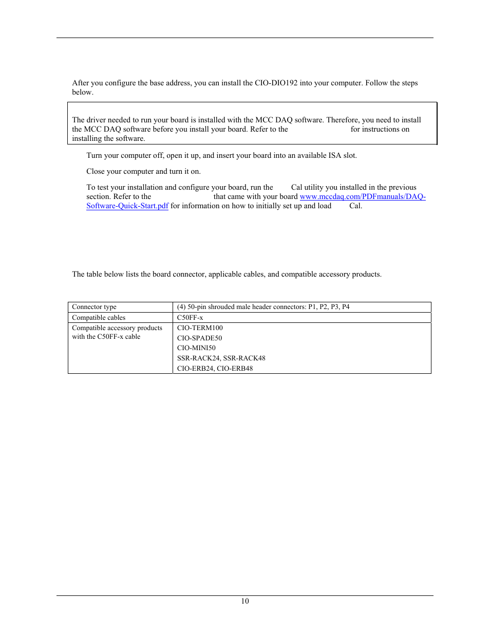 Installing the cio-dio192, Connecting the board for i/o operations, Connectors, cables – main i/o connector | Measurement Computing CIO-DIO192 User Manual | Page 10 / 20