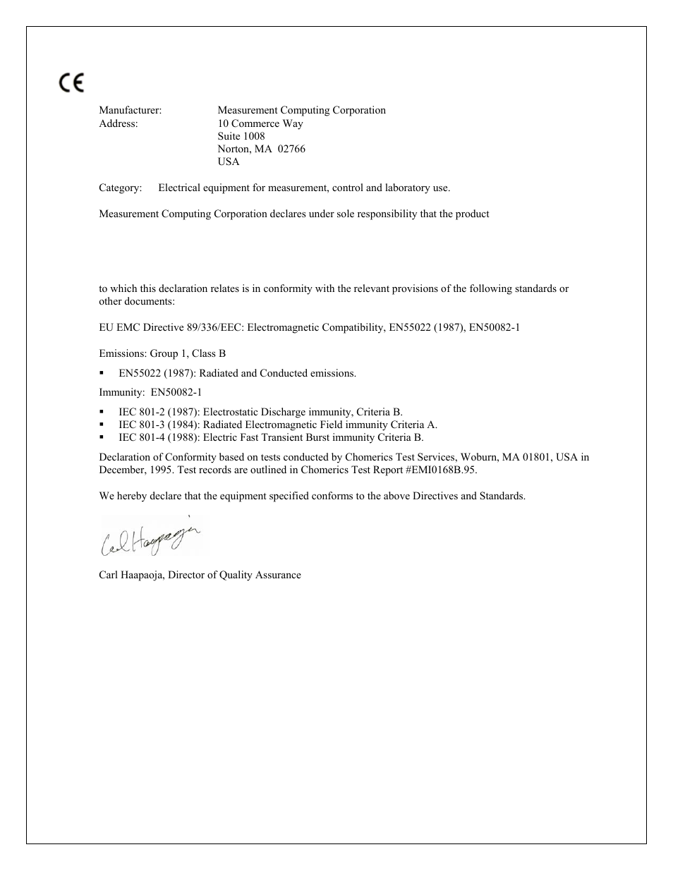 Declaration of conformity | Measurement Computing CIO-DIO192 User Manual | Page 19 / 20