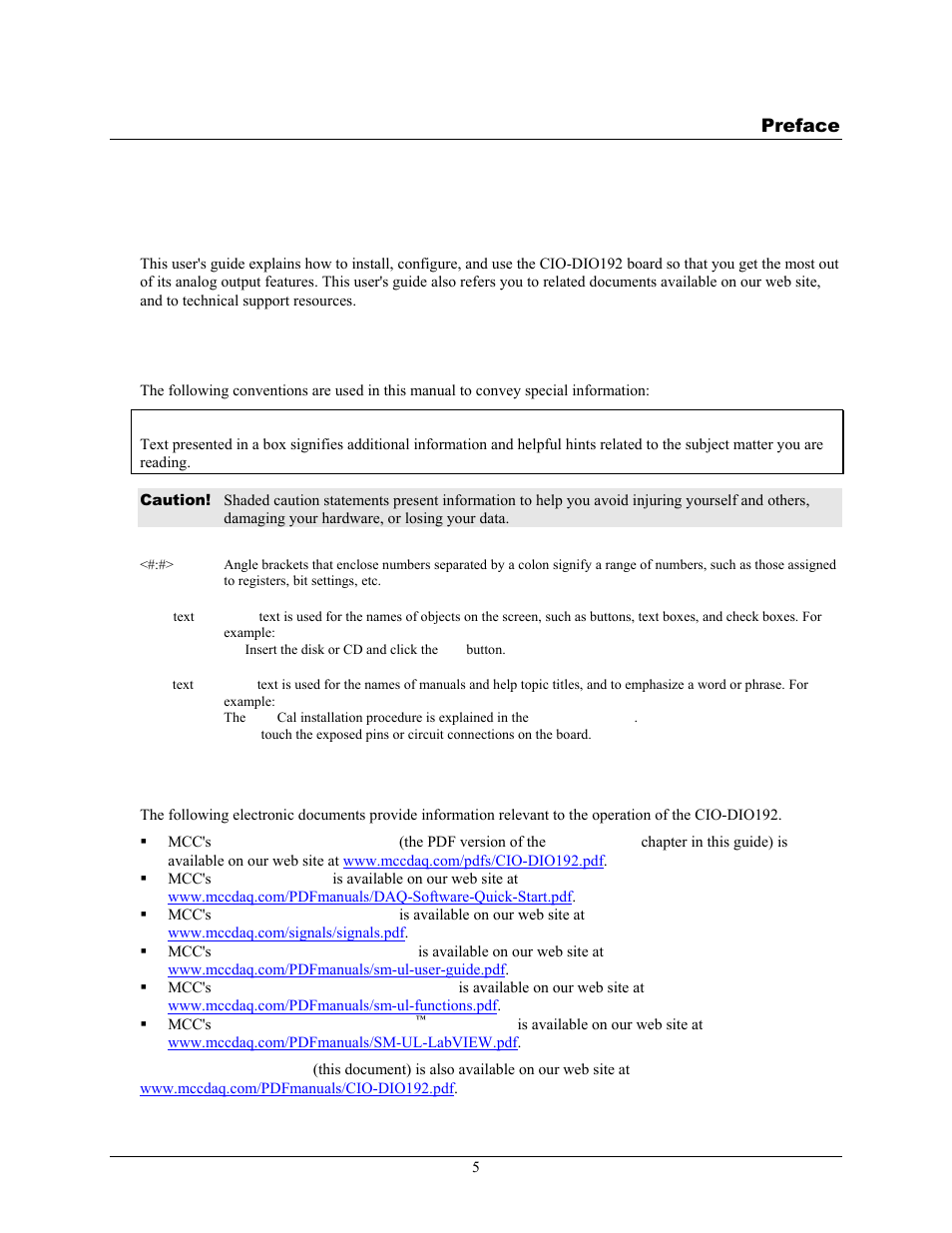 About this user's guide, What you will learn from this user's guide, Conventions in this user's guide | Where to find more information | Measurement Computing CIO-DIO192 User Manual | Page 5 / 20