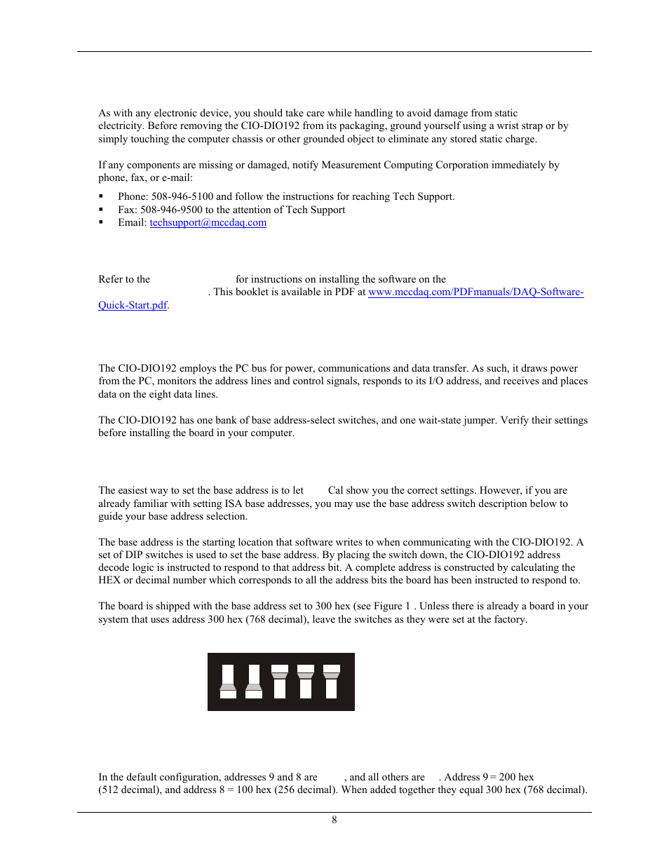 Unpacking the cio-dio192, Installing the software, Configuring the base address switch | Base address switch | Measurement Computing CIO-DIO192 User Manual | Page 8 / 20