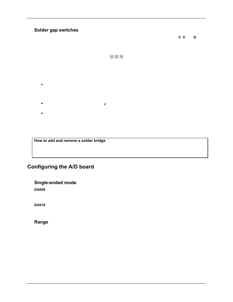 Solder gap switches, Configuring the a/d board, Single-ended mode | Range, V c g | Measurement Computing CIO-EXP32 User Manual | Page 16 / 27