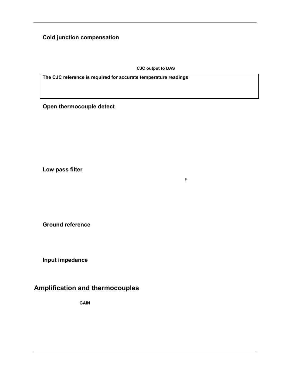 Cold junction compensation, Open thermocouple detect, Low pass filter | Ground reference, Input impedance, Amplification and thermocouples, Amplification, And thermocouples | Measurement Computing CIO-EXP32 User Manual | Page 20 / 27